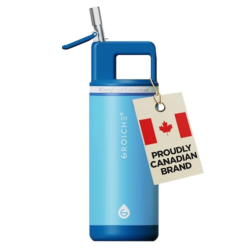 GROSCHE Alpine Flip 'N Sip Kids' Water Bottle with Straw, Scuba Blue, 16 oz | Stainless Steel, Leakproof Design, Keeps Drinks Cold up to 60 Hours, Ideal for Gym, Travel, Outdoors, Canadian Brand - color: Scuba Blue, size: 16 Ounces