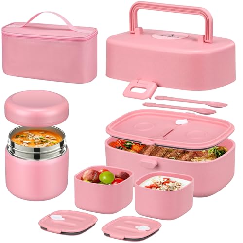 Pawtong Bento Lunch Box with 8oz Soup Thermo, Kids Sustainable Bento Box Leakproof Lunch Food Containers with Lunch Bag, Kids Thermo Insulated Hot Food Jar for School, Trvael (Pink) - color: Pink