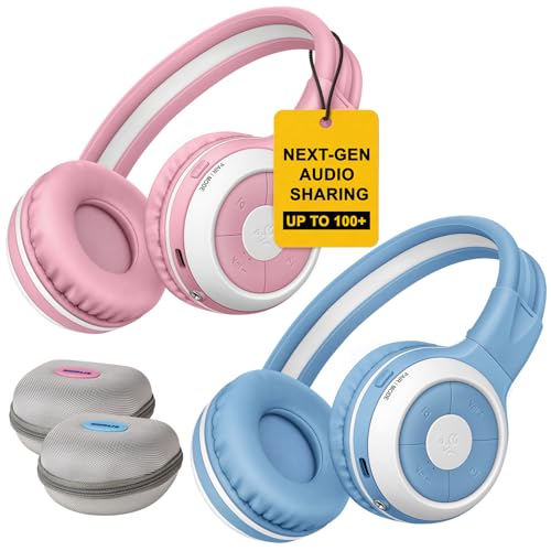 SIMOLIO Manyshare 2 Pack Kids Bluetooth Headphones w/Case & Mic for School | Wireless Audio Sharing for Group Listening & Travel, Foldable Over-Ear Design, Durable Wireless Headphones for Kids - color: Blue+Pink