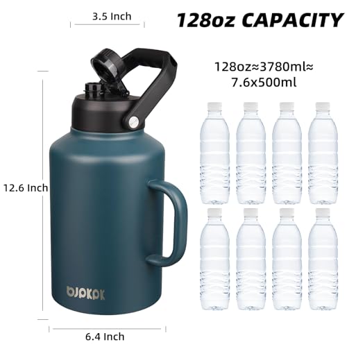 BJPKPK 1 Gallon Water Bottle with Handle, Large Dishwasher Safe 128oz Insulated Water Bottle, BPA Free Water Jug, Wide Mouth Metal Flasks with Anti-slip Bottom, Keep Cold & Hot,Navy Blue - color: Navy Blue, style: 128oz-Side Handle
