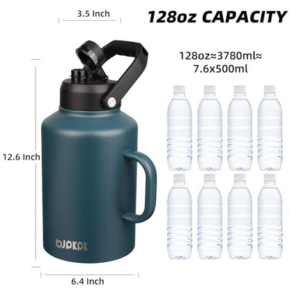 BJPKPK 1 Gallon Water Bottle with Handle, Large Dishwasher Safe 128oz Insulated Water Bottle, BPA Free Water Jug, Wide Mouth Metal Flasks with Anti-slip Bottom, Keep Cold & Hot,Navy Blue - color: Navy Blue, style: 128oz-Side Handle