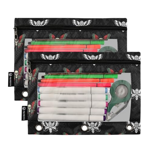 2 Pack 3 Ring Binder Pencil Pouch Gothic Butterfly Skull Pencil Case Pencil Bags with Zipper, Clear PVC Binder Pockets for Office Daily Supplies - color: Color 10