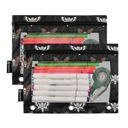 2 Pack 3 Ring Binder Pencil Pouch Gothic Butterfly Skull Pencil Case Pencil Bags with Zipper, Clear PVC Binder Pockets for Office Daily Supplies - color: Color 10