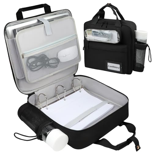 3 inch D-ring Zipper Binder Bag for 700 Sheets&13 inch Laptop Organizer, Detachable Zip Up Binder with Removable Pen Case& Bottle Pocket for Middle High School Office Supplies Storage (Black)
