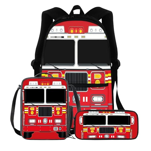BIGCARJOB Boys School Bags Set 3 Pcs Cute Ambulance Print Backpack Set with Lunch Box Pencil Holder for Teens Kids Rucksack Cartoon Ambulance School Bookbags Set - color: B Cute Ambulance, size: One Size