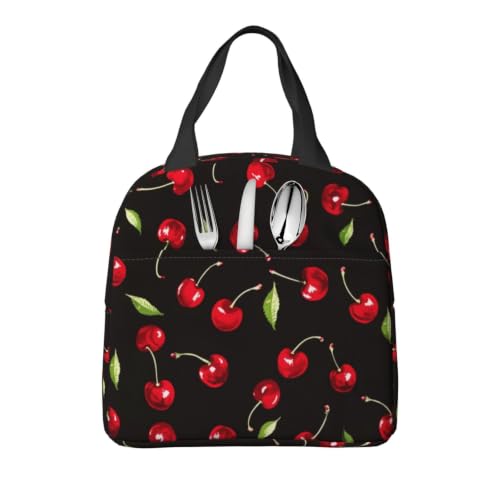 Black Sweet Cherry Lunch Box Insulated Meal Bag Lunch Bag Reusable Snack Bag Food Container For Boys Girls Men Women School Work Travel Picnic - color: black sweet cherry