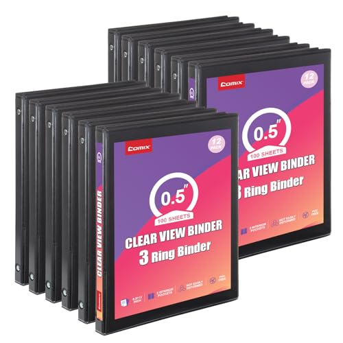 Comix Durable 0.5 Inch 3 Ring Binder, Round View Binder for Office or School, Fits 100 Sheets of 8.5x11 Paper, PVC-Free & Foldable Spine, Made in North American, 12 Pack (Black) - color: Black, size: 1/2 inch, style: 12 Pack