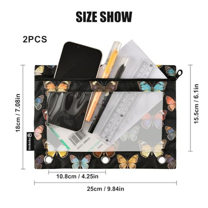 Butterfly Pencil Pouches for 3 Ring Binder, Zipper Binder Pencil Case, 2 Pack Clear Window Case Bag for Office Organizers - color: Butterfly