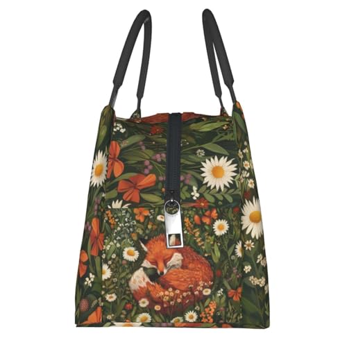 Sleeping Fox in Wildflower Meadow Lunch Box for Women Girls Insulated Green Foliage Daisies Lunch Bag for Work Picnic Camping Travel Gifts Cooler Large Capacity Thermal Reusable Tote Makeup Bags - color: Fox14