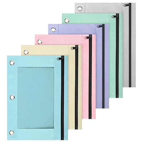 Lanpn Pencil Pouch for 3 Ring Binder 6 Pack, Pastel Binder Pen Bags with Zipper, Aesthetic 3 Holes Pencil Pouches Organizer for Boy Girl Kids School Student, Reinforced Grommets & Clear Window - color: Multicolor, size: 6 Pack