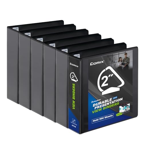 COMIX Sturdy 2 Inch D-Ring 3 Ring Binder with Clear View Cover | 2"Heavy Duty D-Ring,PVC-Free 2.4mm Board,Holds 500 Letter Sheets,Commercial Bulk for Corporate Offices,6 Pack (Black) - color: Black, size: 2-Inch, style: 6 Pack