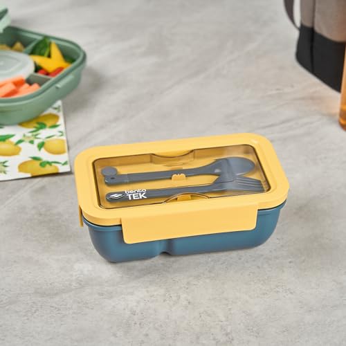 Restaurantware-Bento Tek 28.7 Ounce Bento Boxes, 10 Reusable Lunch Containers - With Fork And Spoon, Does Not Contain BPA, Blue And Yellow Plastic Reusable Lunch Boxes, Microwavable, Dishwashable - size: 10 Count, style: 29 oz - Blue