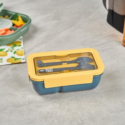 Restaurantware-Bento Tek 28.7 Ounce Bento Boxes, 10 Reusable Lunch Containers - With Fork And Spoon, Does Not Contain BPA, Blue And Yellow Plastic Reusable Lunch Boxes, Microwavable, Dishwashable - size: 10 Count, style: 29 oz - Blue
