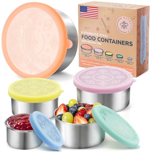 Stainless Steel Food Containers, Metal Lunch Boxes, Set of 5, Sorbet | Everusely lunch containers feature colorful lids and offer durable utility for snacks, meal prep, and food storage. - color: Semi-Clear