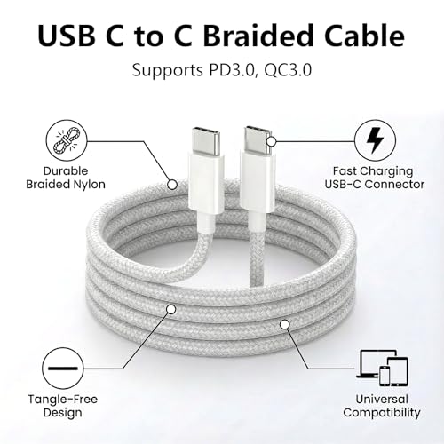 USB C to C Charger Cable, 60W, 3FT, 2-Pack, Gray | Fast Charging, Braided Nylon, for iPhone 17/16/15, MacBook iPad, Galaxy S25/S24 - color: Gray, size: 3FT+3FT