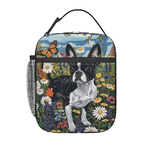 Cute Dog Lunch Box for Kids,Puppy Insulated Bag for Student,Pet Lovers Reusable Thermal Insulation Cooler Tote Bags for School Work Picnic Camping Outdoor Gifts (Boston Terrier and Butterfly) - color: Boston Terrier and Butterfly