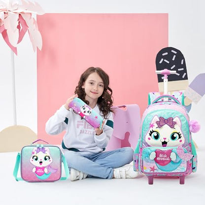 Meetbelify Cute Cat Rolling Backpack with Wheels for Elementary Preschool Students Kids Travel Luggage Carry on Backpack for Girls Ages 6-8 - color: 01 Mermaid Cat