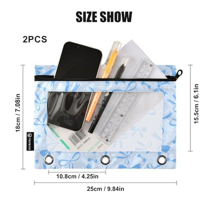 Blue Bow Ribbon Pencil Pouch for 3 Ring Binder 2 Pcs Binder Pouches with Zipper Pocket Pencil Case Bag with Clear Window for Office Work School Supplies - color: Blue Bow Ribbon