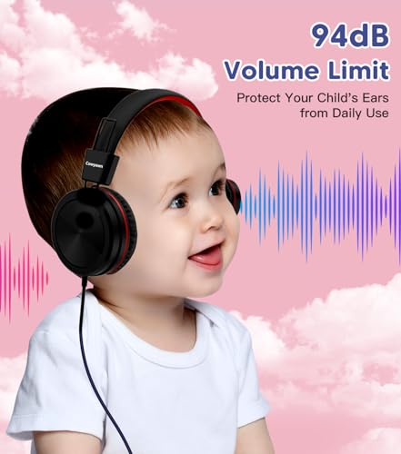 Cowyawn Kids Headphones, Toddler Headphone with Safe Volume Limiter 94dB, Wired School Headphones for Kid, 3.5mm Adjustable On-Ear Headphone for Boys/Girls/Children/Teens/iPad/Computer, Red Black - color: Red Black