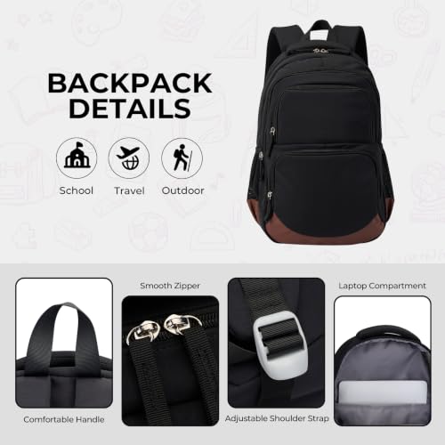Glodwheat 3Pcs Backpack Set For Girls With Insulated Lunch Bag & Pencil Case, Lightweight Water-Resistant School Bookbag With 11 Compartments / 20L - color: Matte Black