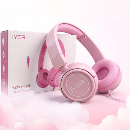 K6C Kids Headphones with USB-C, for Toddler & Kids Ages 2-12, 85dB Safe Volume Limited, Adjustable Headband & Foldable Wired, On-Ear Headphones for School, Travel, Tablet, iPad - color: Pink