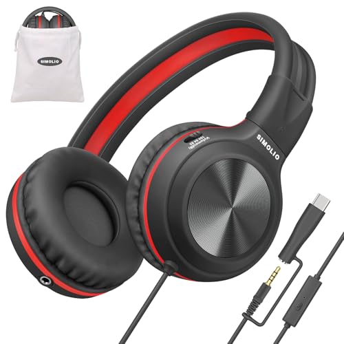 SIMOLIO Wired Headphones for Kids with Mic, USB C & 3.5mm, Safe Volume, Share Port & Pouch, Kids Headphones w/Passive Noise Cancelling, Foldable Headsets for School Airplane Travel iPad (Black) - color: Jet Black
