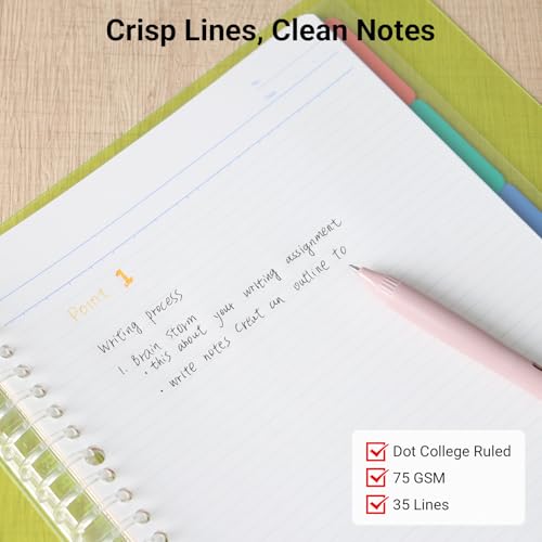 KOKUYO 5 Subject Spiral Notebook, Campus A4 Refillable Journal with 5 Tab Dividers, Up to 65 Sheet Capacity, 50 Sheets in 7mm Dotted Ruled Loose Leaf Paper, Clear - color: Clear