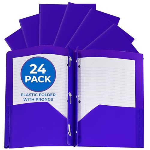 24 Pack Purple Plastic Folders with Pockets Heavy Duty. 2 Pocket Folder with Prongs Bulk. Tear-Resistant Letter Size 8.5x11. Presentation Ready School and Office Supplies - color: Purple, style: With Prongs