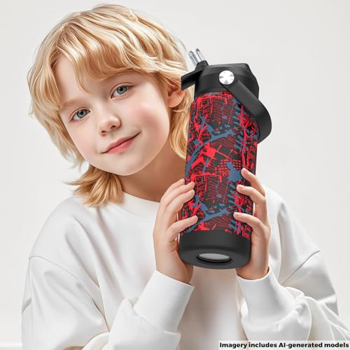 Boys Water Bottle with Straw,18 oz Kids Insulated Cups with Stainless Steel Leak Proof for School,Sport&Travel（Geometry-Red） - color: A17.Geometry-Red