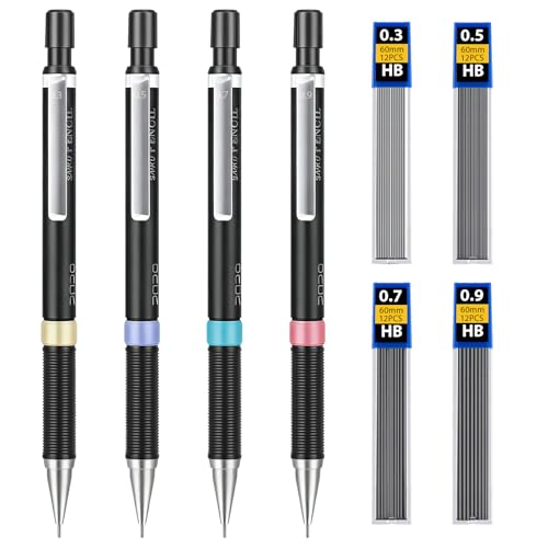 4Pcs Black Mechanical Drawing Pencils,0.3mm/0.5mm/0.7mm/0.9mm Cool Mechanical Pencils Set,Lead Drafting Pencil with 4 Tube Lead Refills for Art Writing, Sketching Drawing