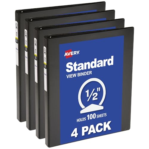Avery Standard View 3 Ring Binder, 0.5" Round Rings, 100-Sheet Capacity, 0.7 Inch Wide Spine, 1 Black Binder, Ideal for Lightweight Organization and Occasional Referencing (17701) - size: 0.5"