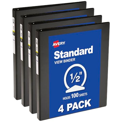 Avery Standard View 3 Ring Binder, 0.5" Round Rings, 100-Sheet Capacity, 0.7 Inch Wide Spine, 1 Black Binder, Ideal for Lightweight Organization and Occasional Referencing (17701) - size: 0.5"
