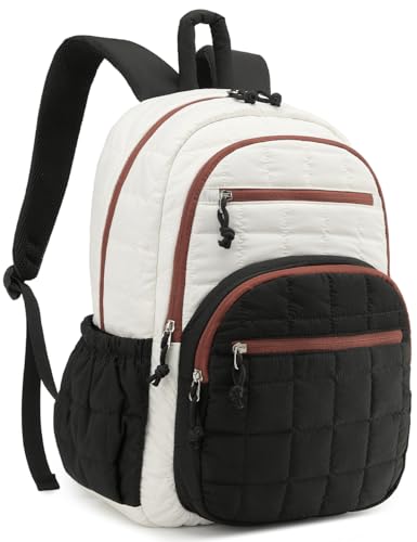 Bookbag for Women, Teen Girls Backpack for High School College Student, Puffer Quilted Back Pack Cute Laptop Backpack for Work Travel Mom Casual Daypack, Beige Black Brown - color: Beige Black Brown, size: 15.6in
