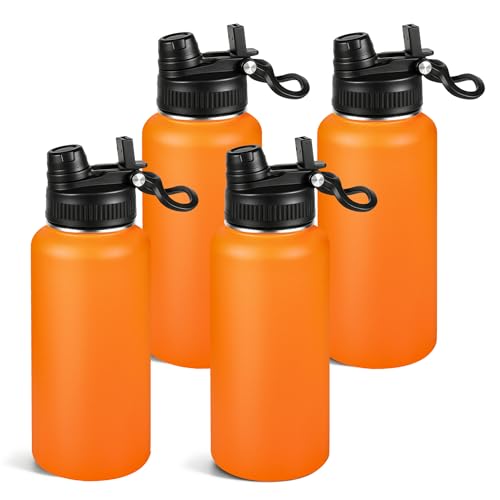 32oz Insulated Stainless Steel Water Bottle Bulk 2-in-1 Leak-Proof Sip & Straw Lid with Handle, Double Wall Vacuum Insulated Travel Mug for Sports, Commute, Office, Orange, 4 Pack - color: Orange, size: 32oz-4pack