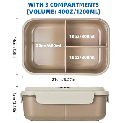 Fanhaw 40 Oz/5 Cup Bento Box for Kids, Men and Women, Lunch Box with 3 Compartments, Utensil, Microwave & Dishwasher Safe (Brown) - color: Brown