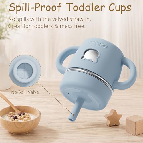Fimibuke Sippy Cups for Toddlers, 10 OZ Spill Proof Kids Cup, Leak Proof Stainless Steel Tumbler with Handle, Silicone Straw & Sleeve, BPA Free Dishwasher Safe Girl Boy Kids Water Bottle, 2 Packs - color: Berry & Peach