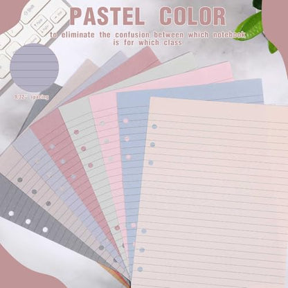 PerKoop 8 Pack Lined Refill Paper A5 Colored 6 Ring Binder Planner Inserts 6 Hole Notebook Refills Paper 8.2 x 5.8 Inch Loose Leaf (Soft) - color: Soft