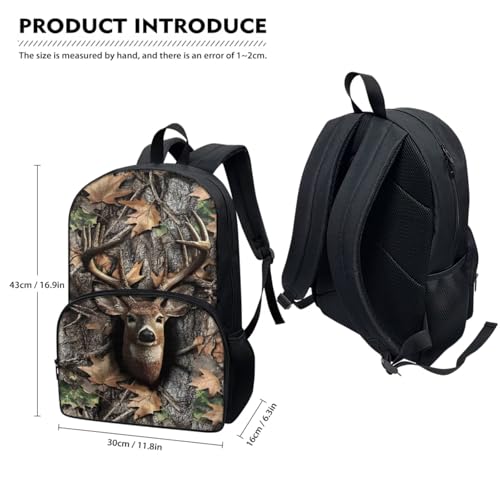 Horeset Deer Camo Kids Boys School Backpack with Insulated Lunch Tote Water Bottle Sling Bag Set of 3, Large Capacity 17inch Bookbag Schoolbag with Adjustable Padded Shoulder Straps - color: Deer Camo