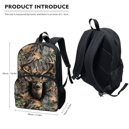Horeset Deer Camo Kids Boys School Backpack with Insulated Lunch Tote Water Bottle Sling Bag Set of 3, Large Capacity 17inch Bookbag Schoolbag with Adjustable Padded Shoulder Straps - color: Deer Camo