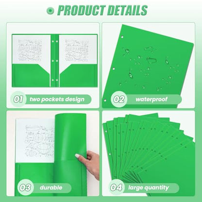 Yeaqee 50 Pcs Plastic Folders with Pockets Bulk 3 Hole Punched 2 Pocket File Folders for 3 Ring Binder Divider Folder for Notebooks, Durable Poly for Office Home (Green) - color: Green