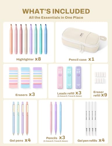 SUNEE 35PCS Aesthetic Stationery Set with Cute Pencil Case, Pastel Highlighters, Black Gel Pens, Mechanical Pencils & Refills, College School Supplies for Students Girls Beige - color: Beige, style: 35 Pack