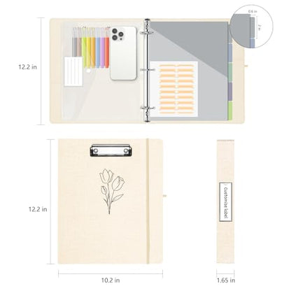 1 Inch 3 Ring Linen Binder Organizer, BVSSX Three Ring Binders with Clipboard, Plastic Folder, 5-Tabs Pocket Dividers with Sticker Labels, Pen Loop, Elastic Strap (Beige, Letter Size) - color: Beige Flower, size: 1in（Letter Size）