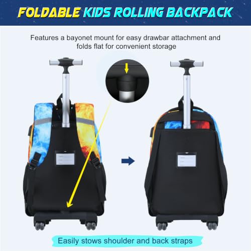 Scothen 3PCS Rolling Backpack for Boys, Cool Gamer Roller Backpack with Wheels, Kids Boy Wheeled Backpacks with Lunch Bag Pencil Case for Teens Bookbag Kindergarten Elementary Middle School - color: Red Blue Flame
