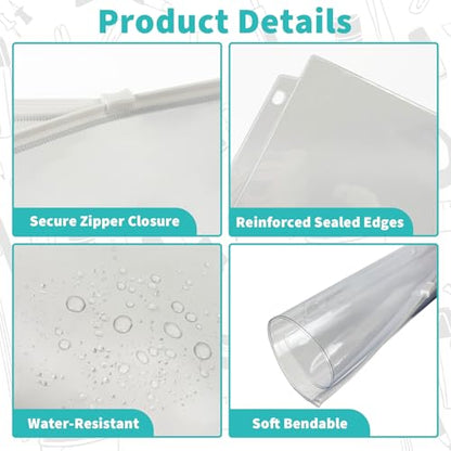 Binditek 10 Pack Plastic Zippered Binder Pockets, 3-Hole Punched for 3 Ring Binder, Clear PVC with White Zippers, Waterproof Loose Leaf Bag Pouch for Document Filing and Storage