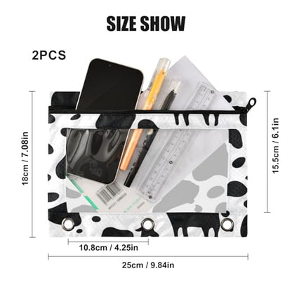 Kcldeci Pencil Pouch for 3 Ring Binder, Cow Print 2 Pack Binder Pencil Pouch with Clear Window Pencil Bags with Zipper Pencil Case for Binder - color: A08
