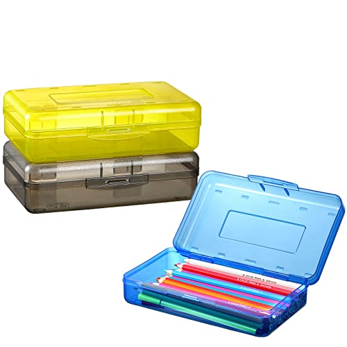 Sooez 3 Pack Pencil Case, Large Hard Pencil Box Bulk, Clear Crayon Box Marker Pen Organizer, Plastic Storage Container with Snap Lid, Stackable Art Craft Organizer Back to School Supplies - color: Navy blue,Yellow,Dark gray, size: 3 Pack