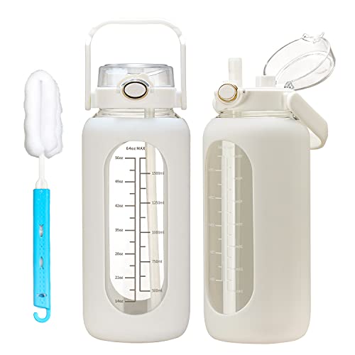 chunmo 42oz/52oz/64oz Glass Water Bolttles with Straw Half Gallon Large Motivational Water Bottle with Time Marker Sports Water Bottles with Silicone Sleeve and Handle Lid Water Jug for Gym Workout - color: White, size: 42 Ounces