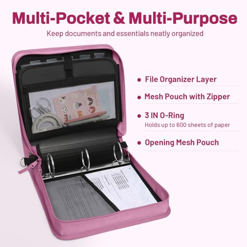 SUNEE Zipper Binder 3 Ring, 3 Inch O-Ring with Handle and Shoulder Strap, 600-Sheet Capacity, 5-Tab Expanding File Folder, Multi-Pockets for Middle School Organizer Binder with Zipper, Grape Purple - color: Grape Purple