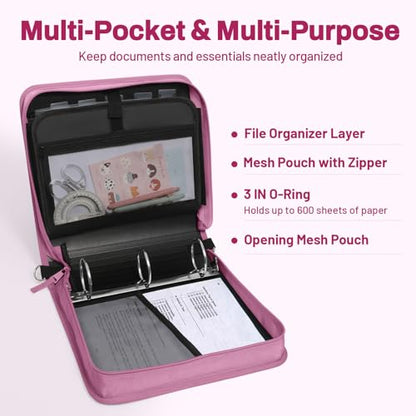 SUNEE Zipper Binder 3 Ring, 3 Inch O-Ring with Handle and Shoulder Strap, 600-Sheet Capacity, 5-Tab Expanding File Folder, Multi-Pockets for Middle School Organizer Binder with Zipper, Grape Purple - color: Grape Purple