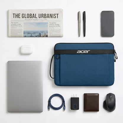 Acer Laptop Sleeve Case for 15.6-16 inch Laptops, Slim Protective Computer Sleeve with Hidden Zipper Pocket, Soft Plush Bubble Padding, Side Handle and Luggage Strap, Travel Laptop Bag, Blue | Slim, Soft Bubble Padding, Extra Front Storage, Wrist Strap, S